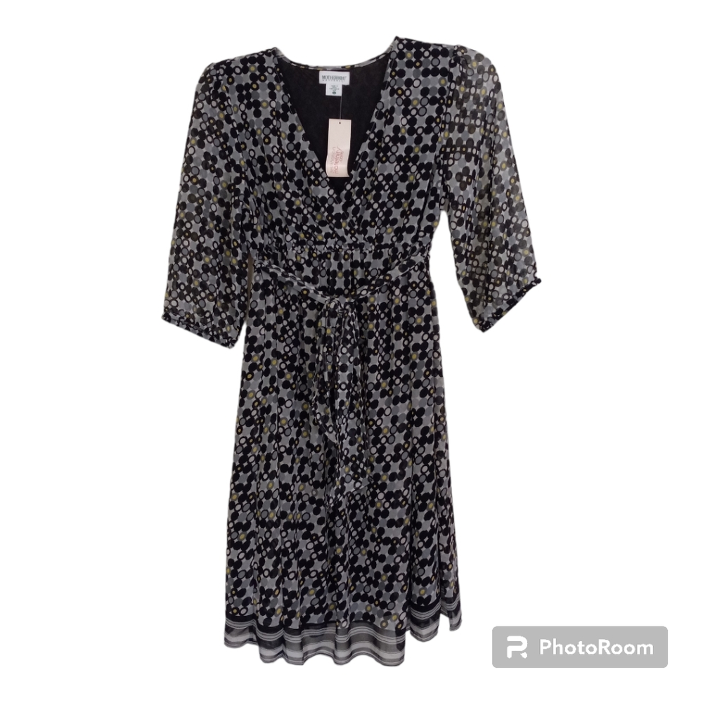 Motherhood dress black & gray dot faux wrap 3/4 sleeve with tie at waist…